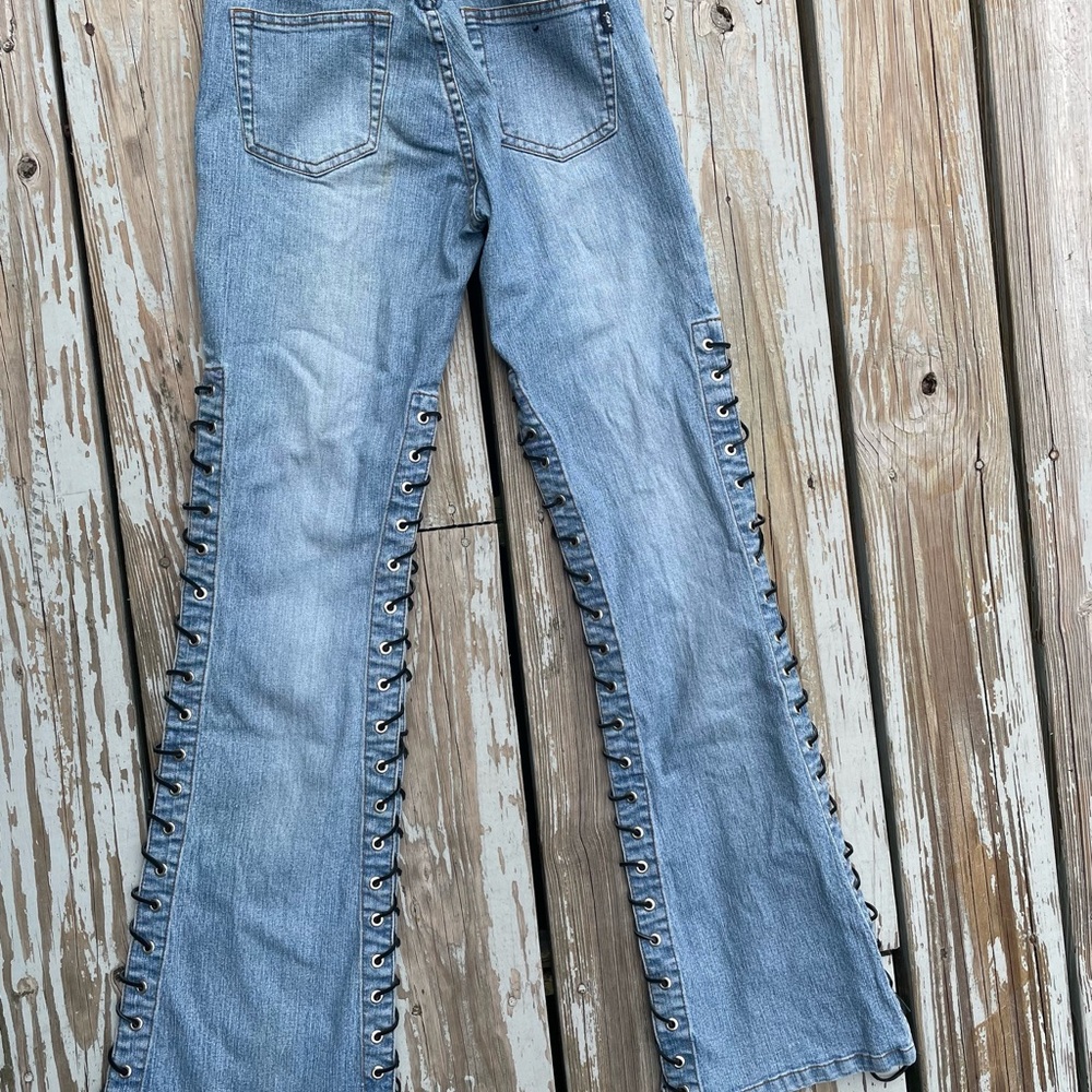 Drop Dead Sexy Lace-Up Flare Jeans in Light Blue - Picture 2 of 7